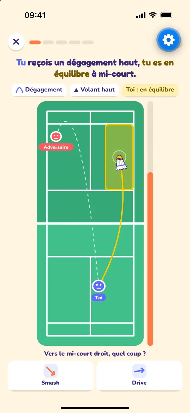 Rally Mind : une situation de badminton en simple, le joueur choisit son coup